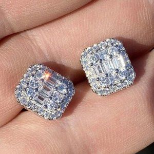 NEW Silver Baguette Round Diamond Stud Earrings